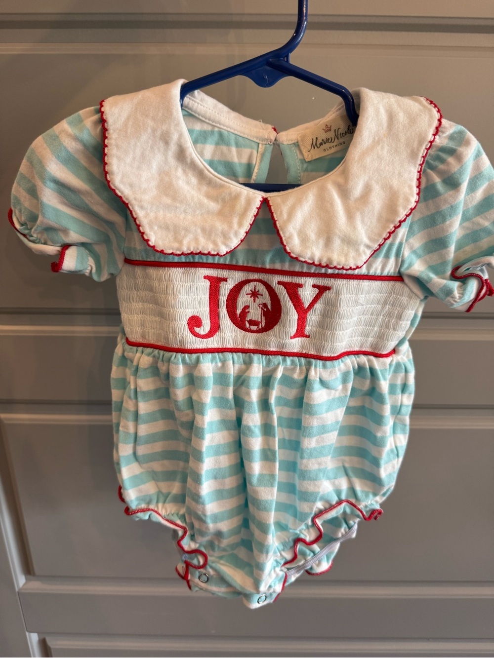 JOY Smocked Romper bubble w/ Peter Pan Collar - Light Blue & White with Red Trim